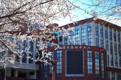 首都师范大学夏晨广场山桃花掩映中的大学生活动中心
