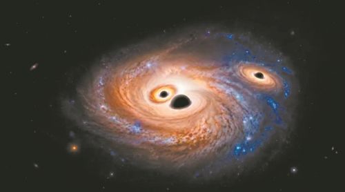 由AI生成的遥远星系可视化图像,除了尘埃、气体和年轻恒星外,还包含3个巨大的活跃黑洞(未按比例绘制),并拥有明亮的吸积盘。图片来源:马克斯·普朗克学会网站